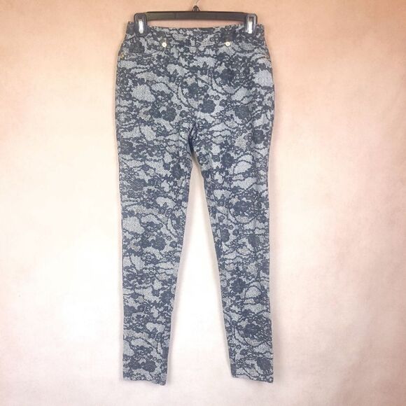 Michael Kors Black Gray Lace Print Pull On Ankle Pants Leggings - Picture 1 of 8